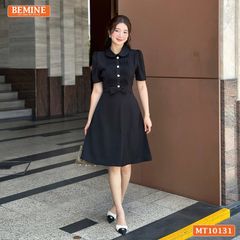 Đầm thiết kế BEMINE cổ sen xếp ly ngực có nơ eo dáng chữ A MT10131