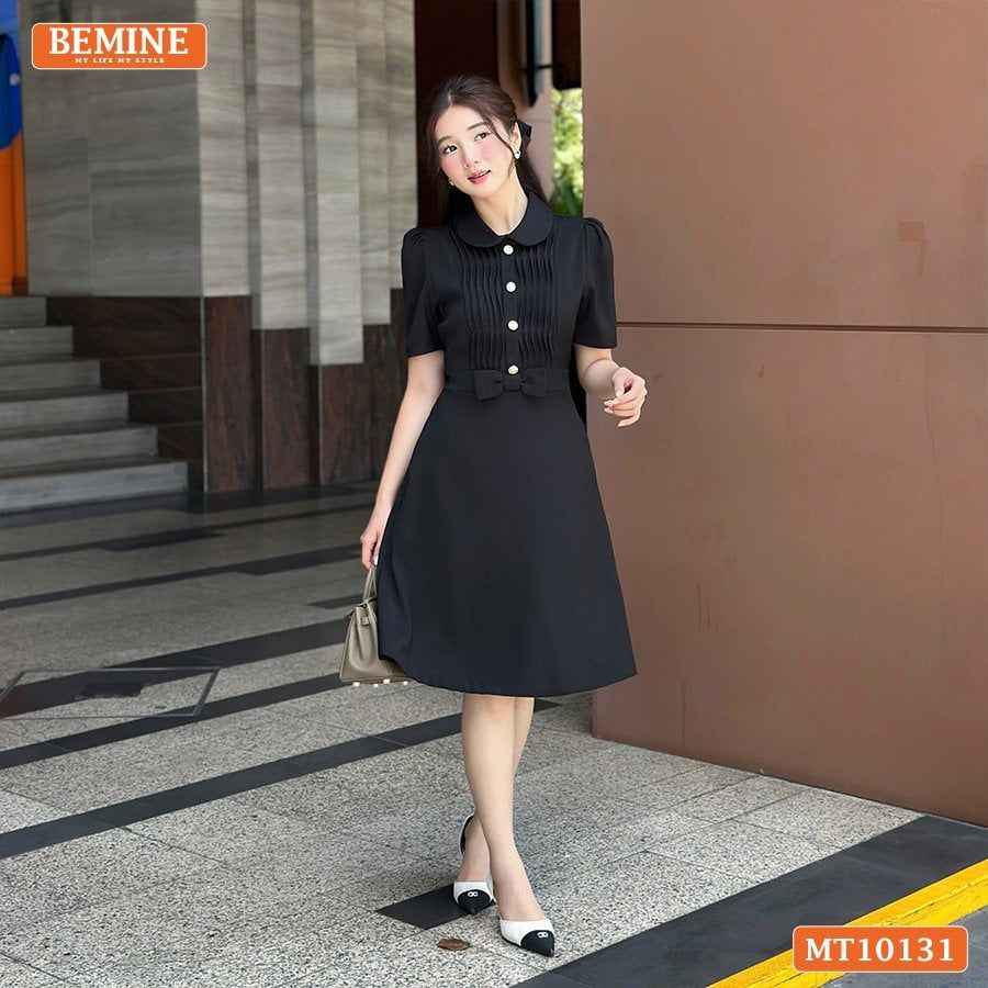 Đầm thiết kế BEMINE cổ sen xếp ly ngực có nơ eo dáng chữ A MT10131
