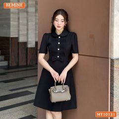 Đầm thiết kế BEMINE cổ sen xếp ly ngực có nơ eo dáng chữ A MT10131