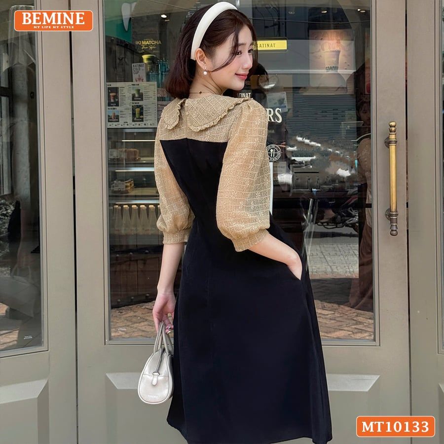 Đầm thiết kế BEMINE cổ V phối ren thêu hoa tay lửng dáng chữ A phù hợp đi làm, đi chơI-MT10133