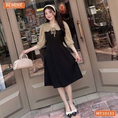 Đầm thiết kế BEMINE cổ V phối ren thêu hoa tay lửng dáng chữ A phù hợp đi làm, đi chơI-MT10133