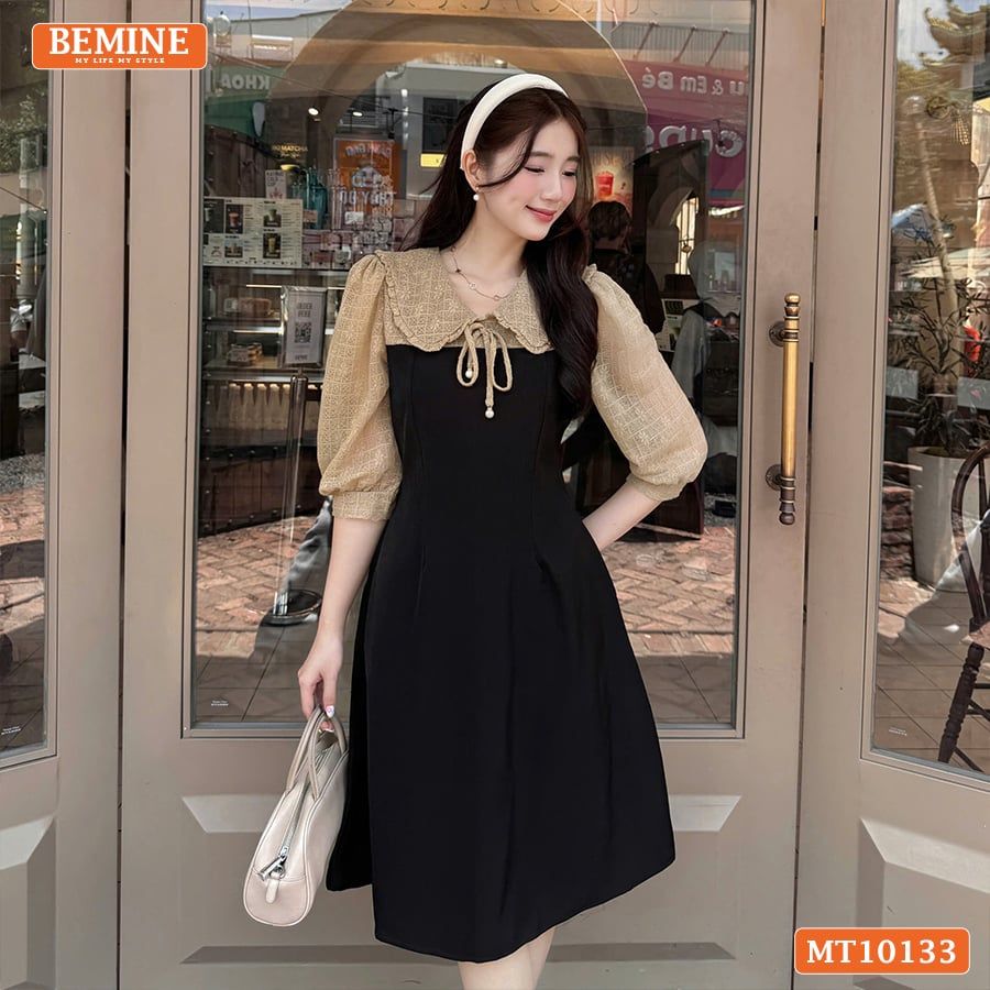 Đầm thiết kế BEMINE cổ V phối ren thêu hoa tay lửng dáng chữ A phù hợp đi làm, đi chơI-MT10133