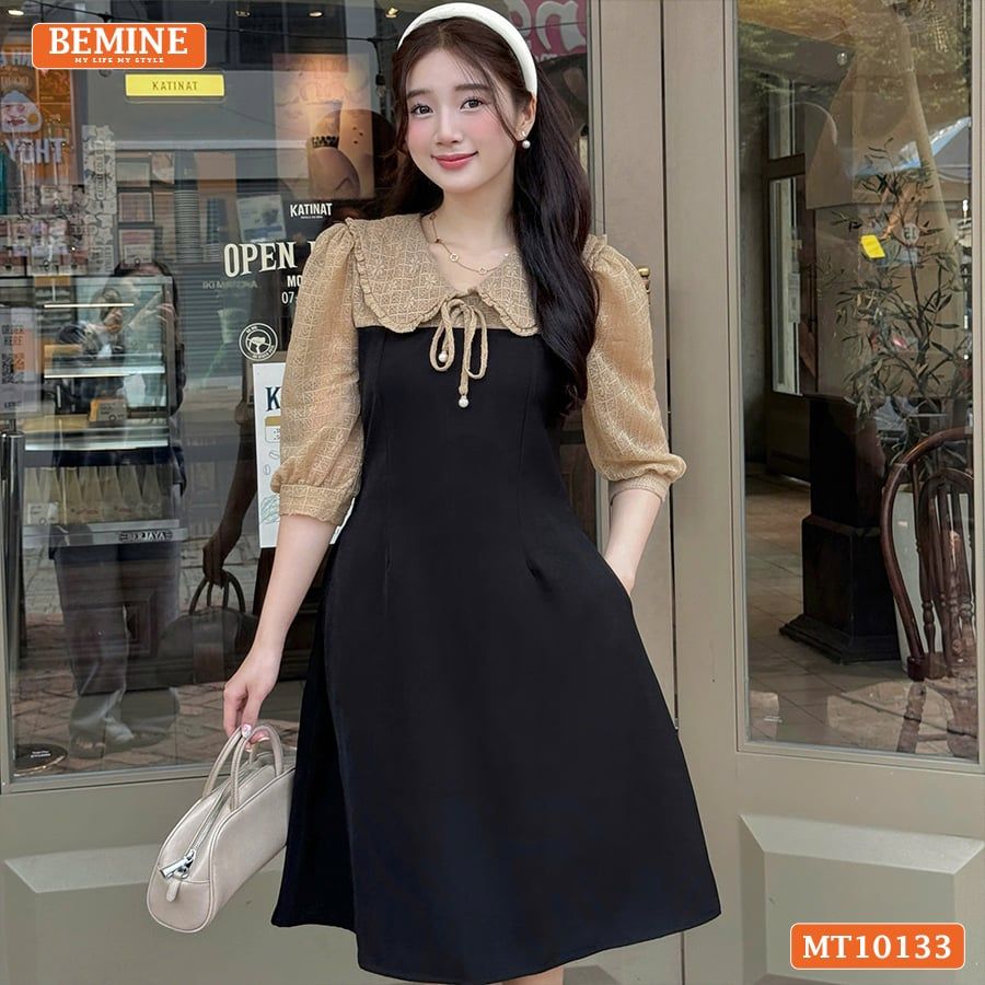 Đầm thiết kế BEMINE cổ V phối ren thêu hoa tay lửng dáng chữ A phù hợp đi làm, đi chơI-MT10133