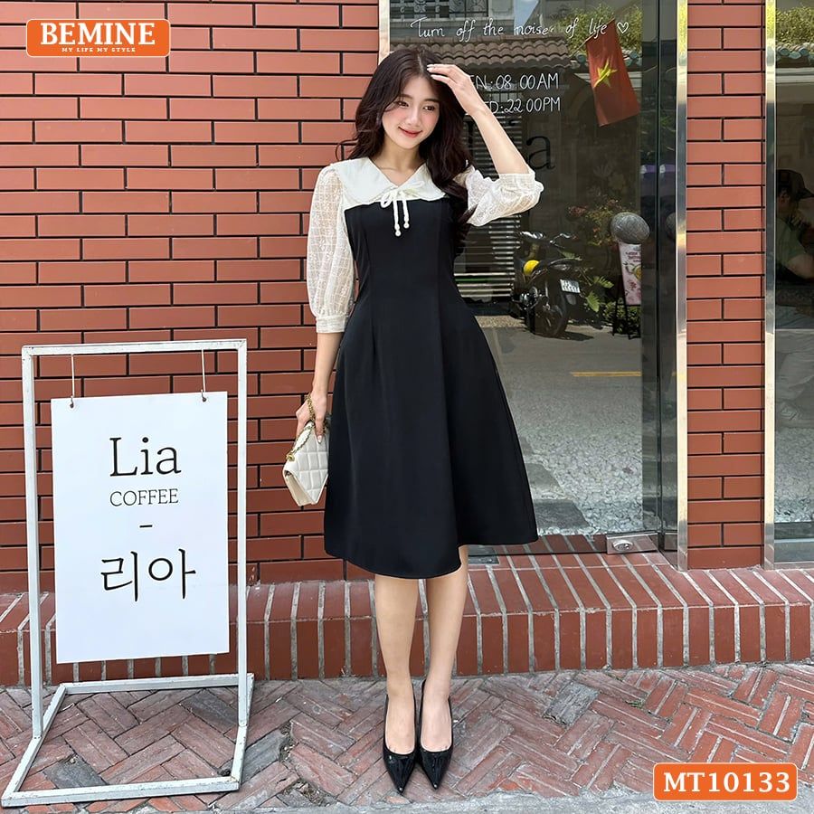 Đầm thiết kế BEMINE cổ V phối ren thêu hoa tay lửng dáng chữ A phù hợp đi làm, đi chơI-MT10133