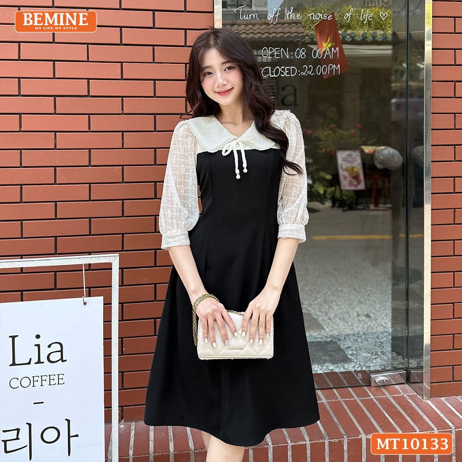 Đầm thiết kế BEMINE cổ V phối ren thêu hoa tay lửng dáng chữ A phù hợp đi làm, đi chơI-MT10133