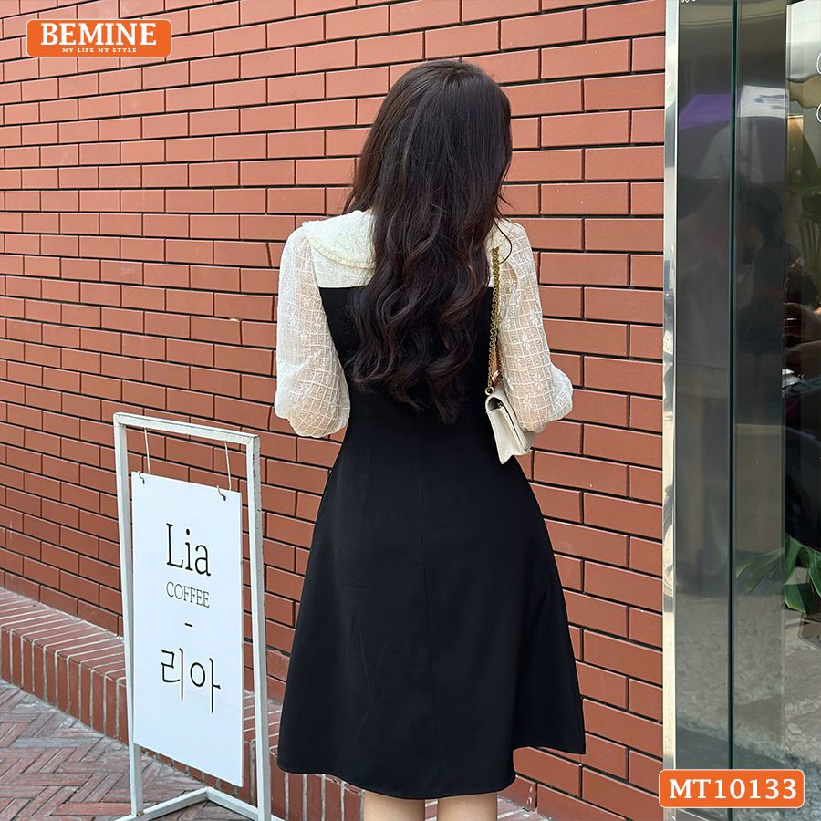 Đầm thiết kế BEMINE cổ V phối ren thêu hoa tay lửng dáng chữ A phù hợp đi làm, đi chơI-MT10133