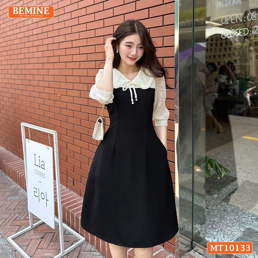 Đầm thiết kế BEMINE cổ V phối ren thêu hoa tay lửng dáng chữ A phù hợp đi làm, đi chơI-MT10133
