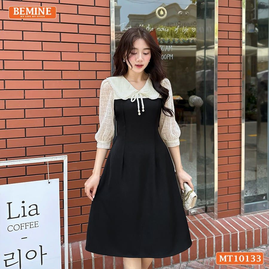 Đầm thiết kế BEMINE cổ V phối ren thêu hoa tay lửng dáng chữ A phù hợp đi làm, đi chơI-MT10133