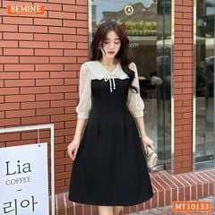 Đầm thiết kế BEMINE cổ V phối ren thêu hoa tay lửng dáng chữ A phù hợp đi làm, đi chơI-MT10133