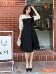 Đầm thiết kế BEMINE cổ V phối ren thêu hoa tay lửng dáng chữ A phù hợp đi làm, đi chơI-MT10133