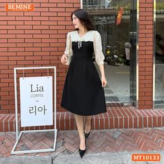Đầm thiết kế BEMINE cổ V phối ren thêu hoa tay lửng dáng chữ A phù hợp đi làm, đi chơI-MT10133