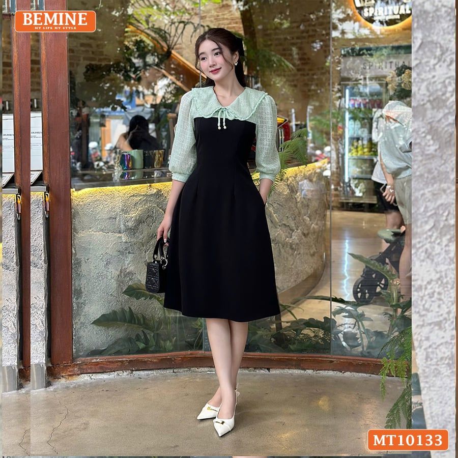 Đầm thiết kế BEMINE cổ V phối ren thêu hoa tay lửng dáng chữ A phù hợp đi làm, đi chơI-MT10133