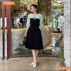 Đầm thiết kế BEMINE cổ V phối ren thêu hoa tay lửng dáng chữ A phù hợp đi làm, đi chơI-MT10133