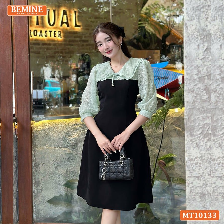 Đầm thiết kế BEMINE cổ V phối ren thêu hoa tay lửng dáng chữ A phù hợp đi làm, đi chơI-MT10133