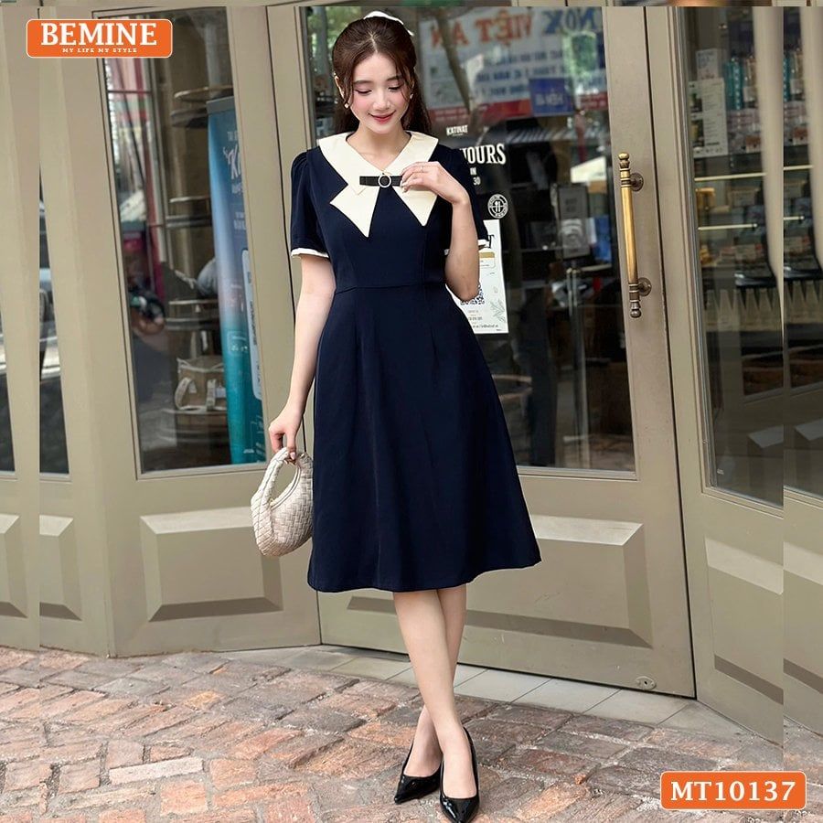 Đầm thiết kế BEMINE cổ đức cách điệu đính nơ dáng chữ A phù hợp đi làm-MT10137