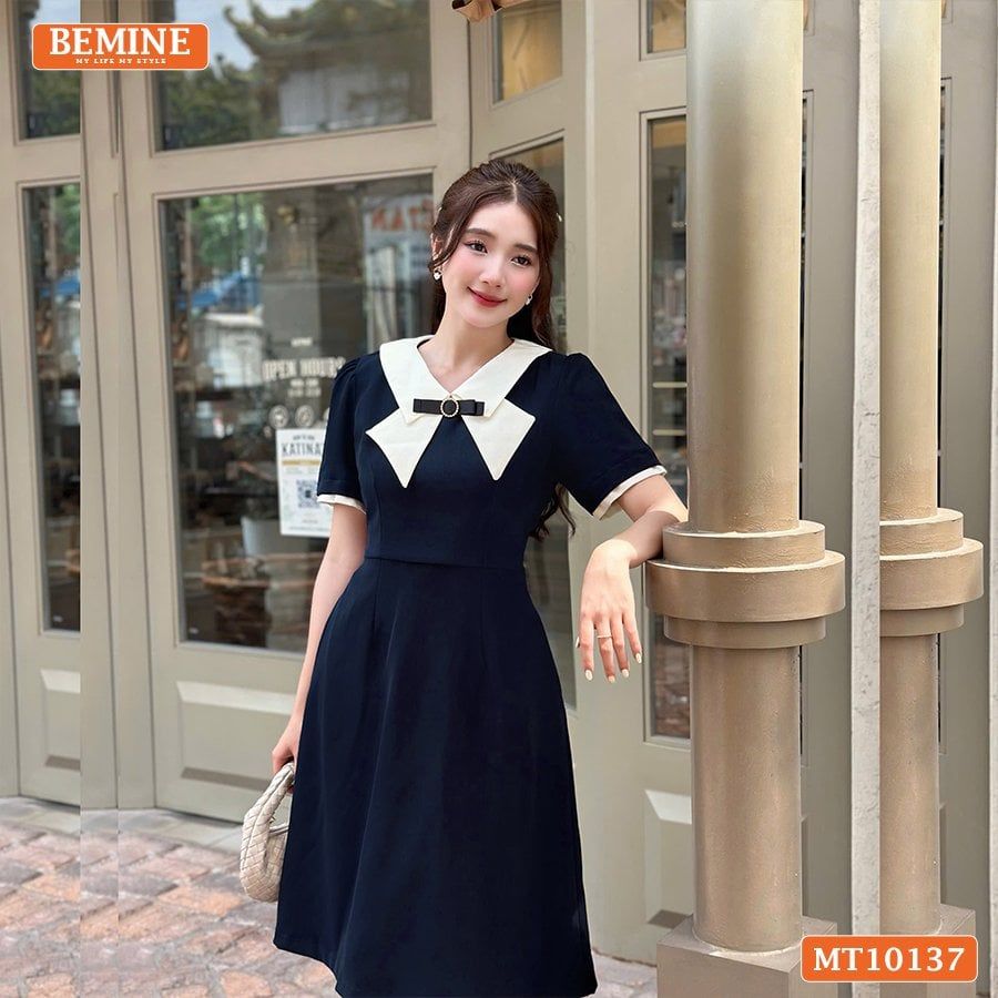 Đầm thiết kế BEMINE cổ đức cách điệu đính nơ dáng chữ A phù hợp đi làm-MT10137