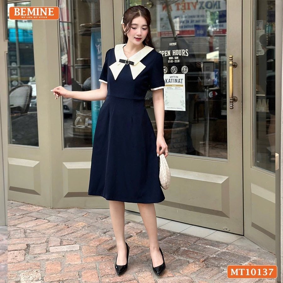 Đầm thiết kế BEMINE cổ đức cách điệu đính nơ dáng chữ A phù hợp đi làm-MT10137