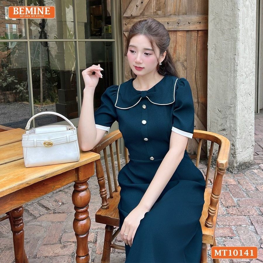 Đầm thiết kế BEMINE cổ tròn nơ cách điệu đính cúc dáng chữ A phù hợp đi làm-MT10141