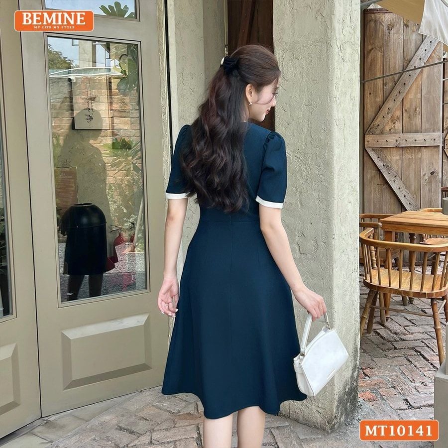 Đầm thiết kế BEMINE cổ tròn nơ cách điệu đính cúc dáng chữ A phù hợp đi làm-MT10141