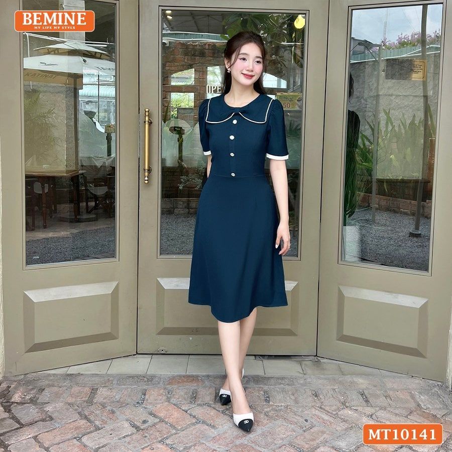 Đầm thiết kế BEMINE cổ tròn nơ cách điệu đính cúc dáng chữ A phù hợp đi làm-MT10141