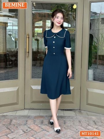 Đầm thiết kế BEMINE cổ tròn nơ cách điệu đính cúc dáng chữ A phù hợp đi làm-MT10141