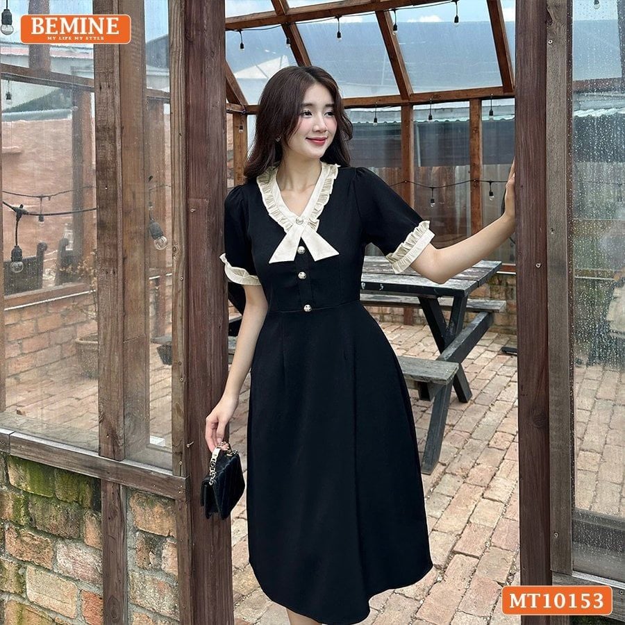 Đầm thiết kế BEMINE cổ tim viền bèo dáng chữ A phù hợp đi làm-MT10153