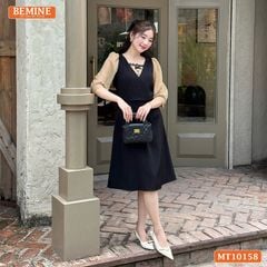 Đầm thiết kế BEMINE cổ vuông phối ren thêu hoa tay lửng dáng chữ A MT10158