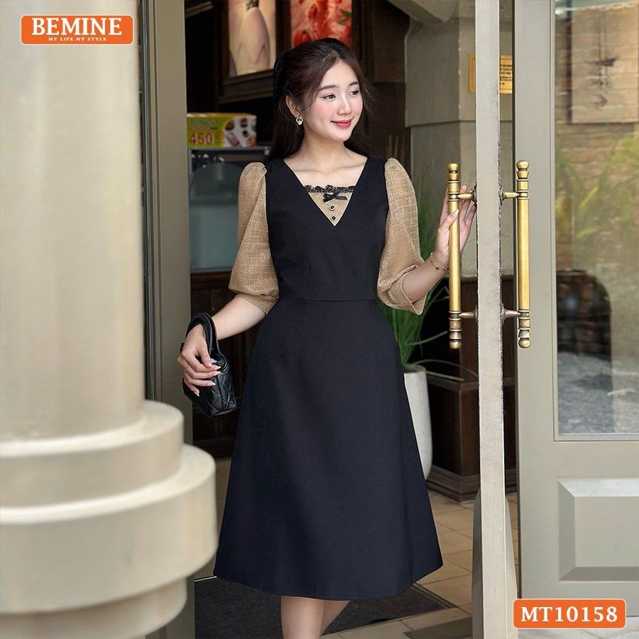 Đầm thiết kế BEMINE cổ vuông phối ren thêu hoa tay lửng dáng chữ A MT10158