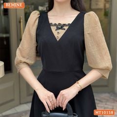 Đầm thiết kế BEMINE cổ vuông phối ren thêu hoa tay lửng dáng chữ A MT10158