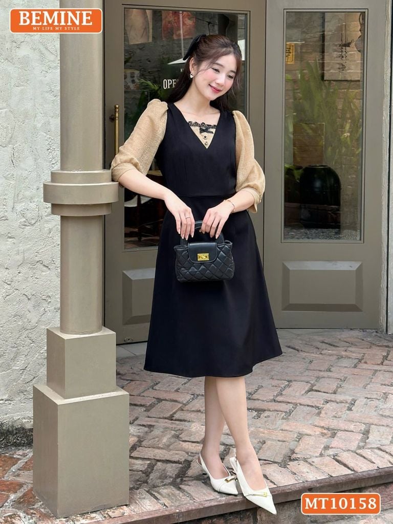 Đầm thiết kế BEMINE cổ vuông phối ren thêu hoa tay lửng dáng chữ A MT10158
