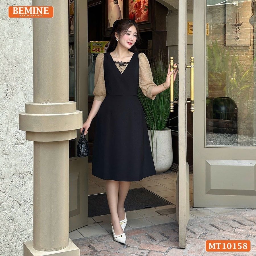 Đầm thiết kế BEMINE cổ vuông phối ren thêu hoa tay lửng dáng chữ A MT10158
