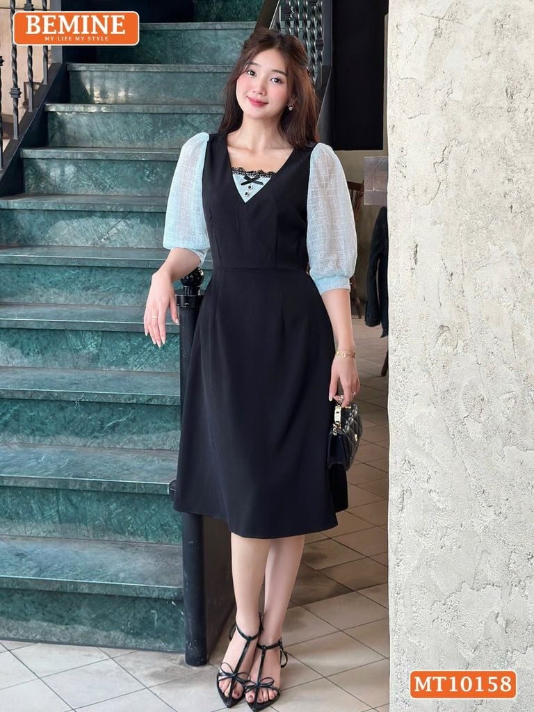 Đầm thiết kế BEMINE cổ vuông phối ren thêu hoa tay lửng dáng chữ A MT10158