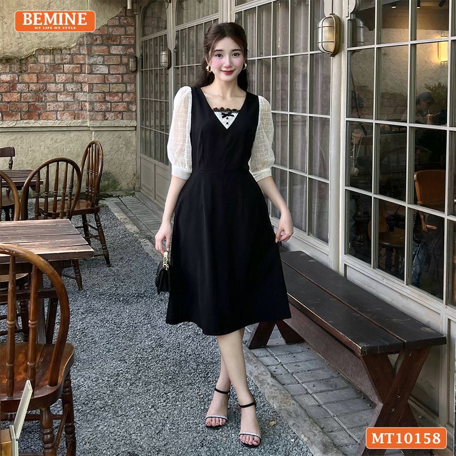 Đầm thiết kế BEMINE cổ vuông phối ren thêu hoa tay lửng dáng chữ A MT10158