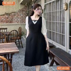 Đầm thiết kế BEMINE cổ vuông phối ren thêu hoa tay lửng dáng chữ A MT10158