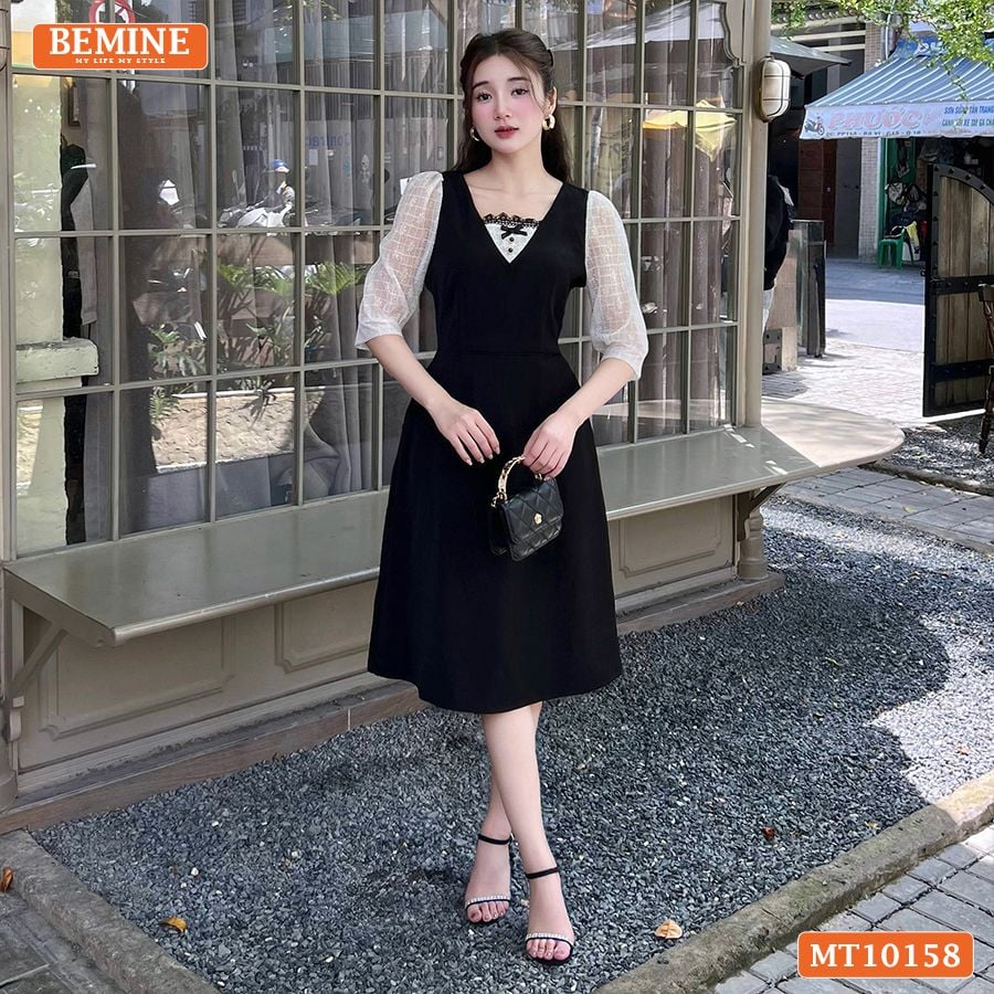 Đầm thiết kế BEMINE cổ vuông phối ren thêu hoa tay lửng dáng chữ A MT10158