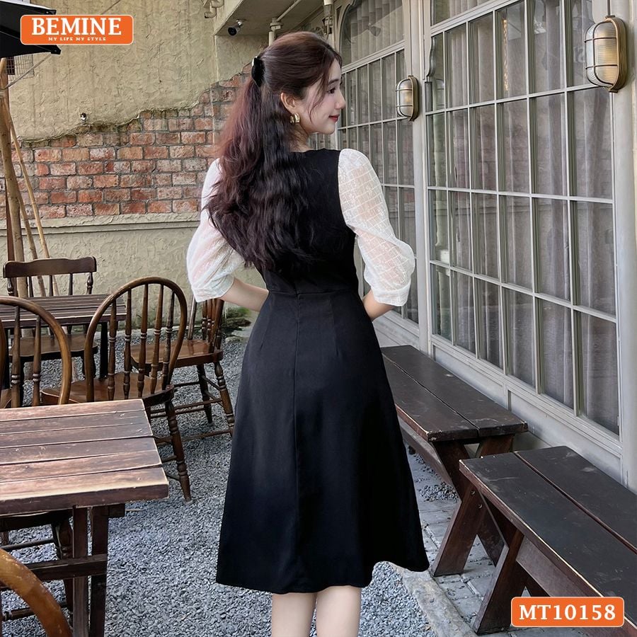 Đầm thiết kế BEMINE cổ vuông phối ren thêu hoa tay lửng dáng chữ A MT10158