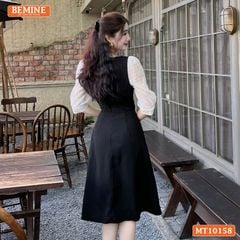 Đầm thiết kế BEMINE cổ vuông phối ren thêu hoa tay lửng dáng chữ A MT10158
