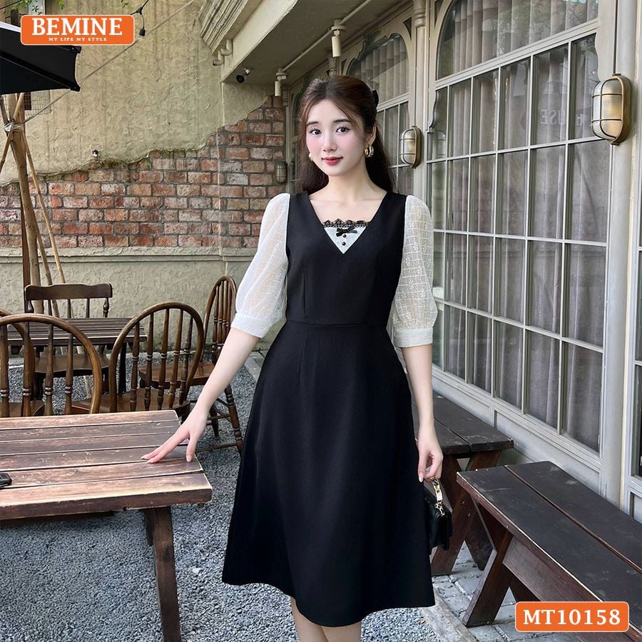 Đầm thiết kế BEMINE cổ vuông phối ren thêu hoa tay lửng dáng chữ A MT10158