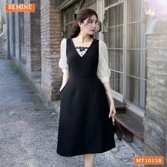 Đầm thiết kế BEMINE cổ vuông phối ren thêu hoa tay lửng dáng chữ A MT10158
