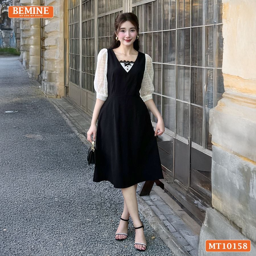 Đầm thiết kế BEMINE cổ vuông phối ren thêu hoa tay lửng dáng chữ A MT10158