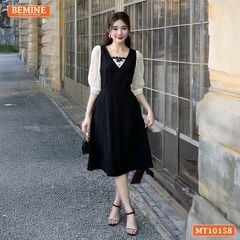 Đầm thiết kế BEMINE cổ vuông phối ren thêu hoa tay lửng dáng chữ A MT10158