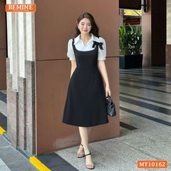 Đầm thiết kế BEMINE cổ V giả yếm đinh hoa nơ dáng chữ A MT10162