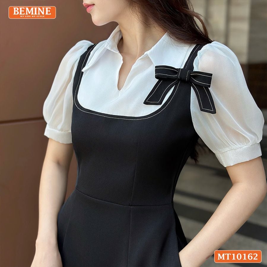 Đầm thiết kế BEMINE cổ V giả yếm đinh hoa nơ dáng chữ A MT10162