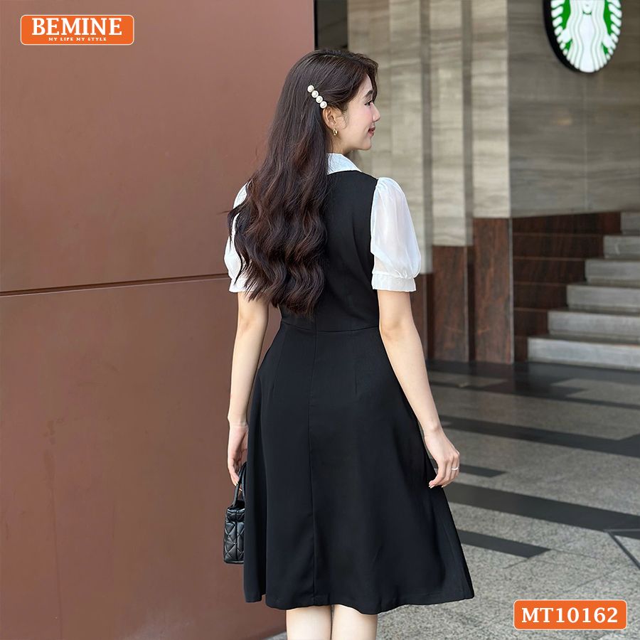 Đầm thiết kế BEMINE cổ V giả yếm đinh hoa nơ dáng chữ A MT10162