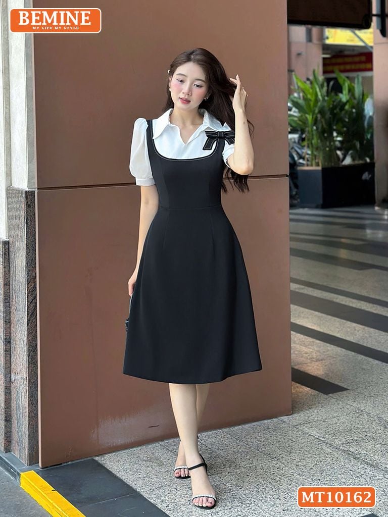 Đầm thiết kế BEMINE cổ V giả yếm đinh hoa nơ dáng chữ A MT10162