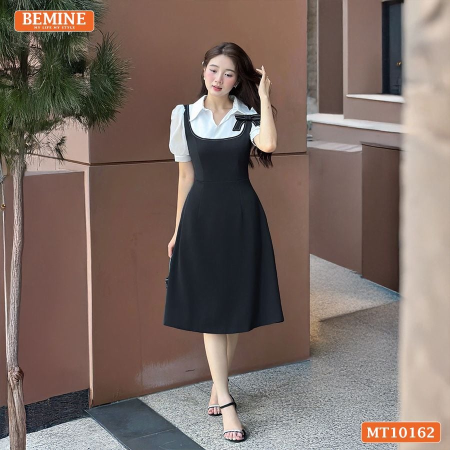 Đầm thiết kế BEMINE cổ V giả yếm đinh hoa nơ dáng chữ A MT10162