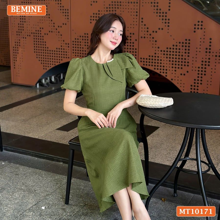 Đầm thiết kế BEMINE cổ tròn nơ cách điệu tay phồng dáng chữ A MT10171