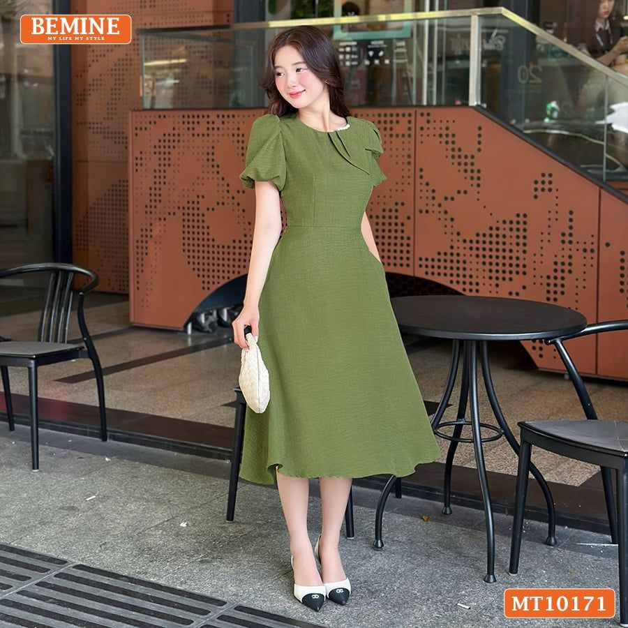 Đầm thiết kế BEMINE cổ tròn nơ cách điệu tay phồng dáng chữ A MT10171