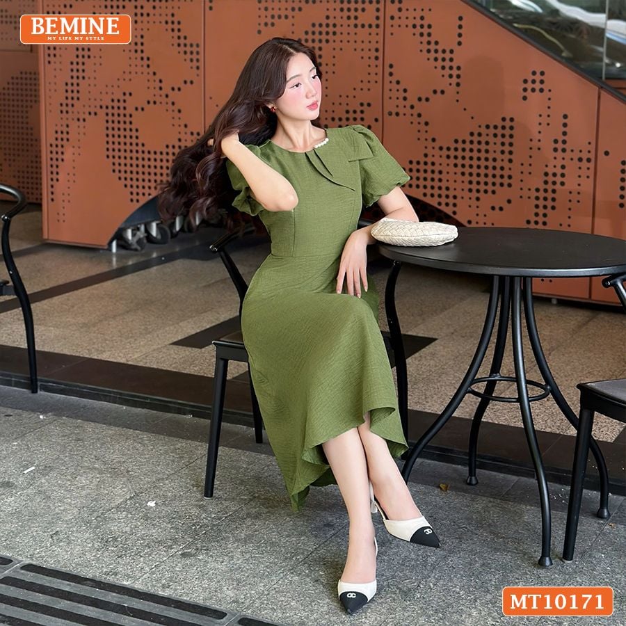 Đầm thiết kế BEMINE cổ tròn nơ cách điệu tay phồng dáng chữ A MT10171