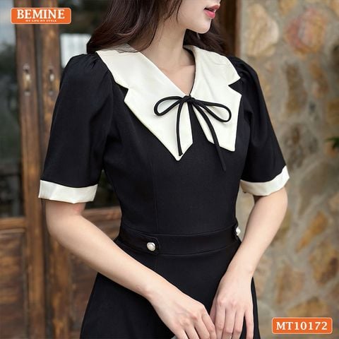 Đầm thiết kế BEMINE cổ bướm đính nơ dáng chữ A eo đính cúc MT10172